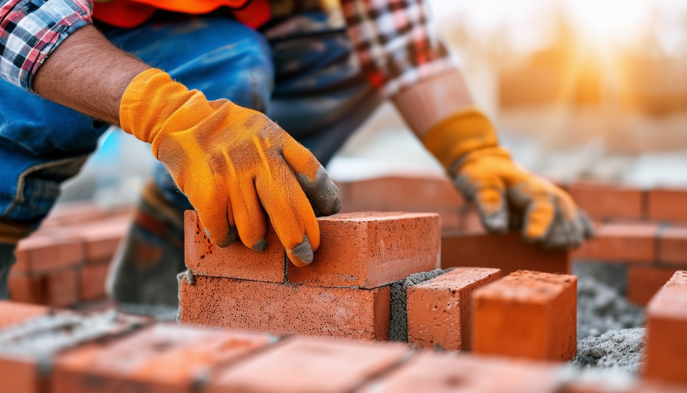 A skilled bricklayer carefully placing bricks on a